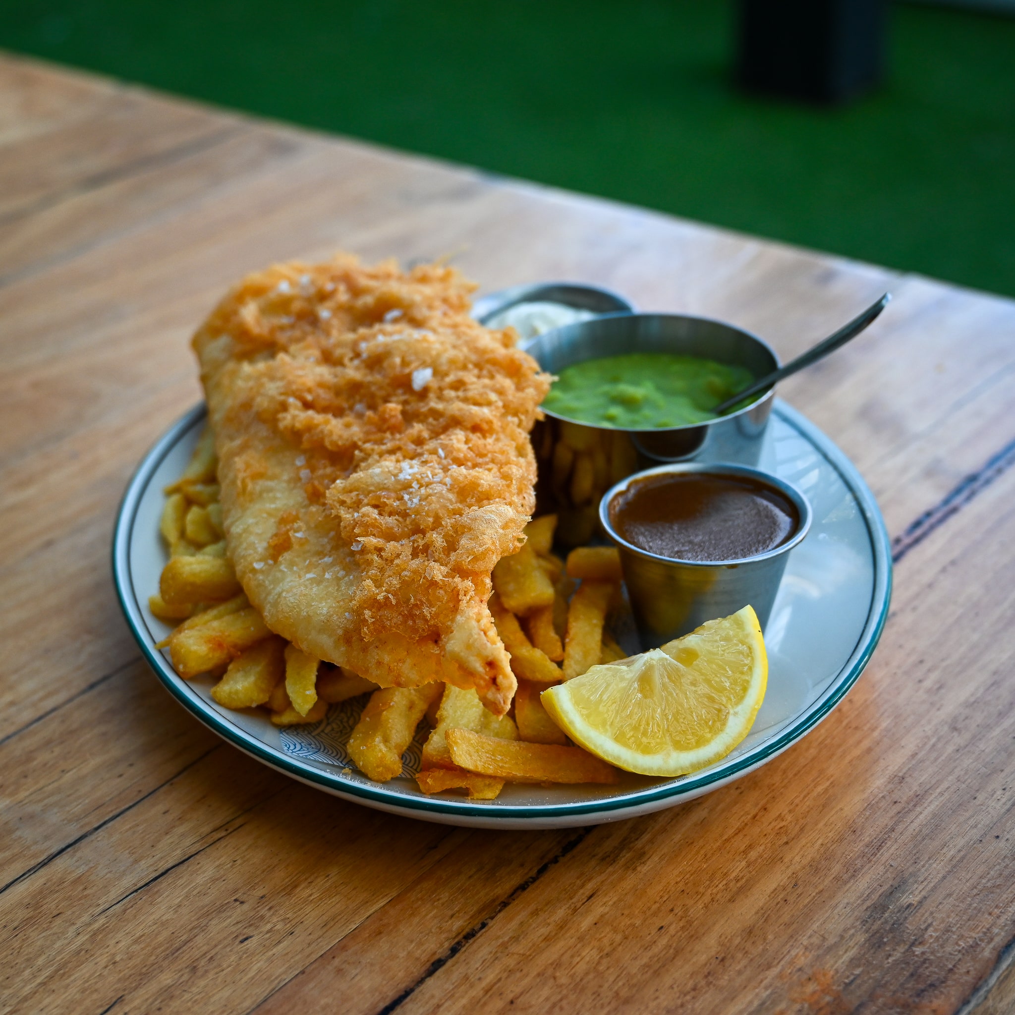 Beachside British food in St Kilda: fish and chips with mushy peas at Republica before the Lions game